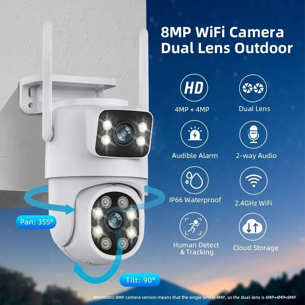 8MP Dual Lens Tuya Wifi Camera PTZ Outdoor 4K Wireless Dual Screen Security Camera Auto Tracking Monitoring ONVIF Alexa Support