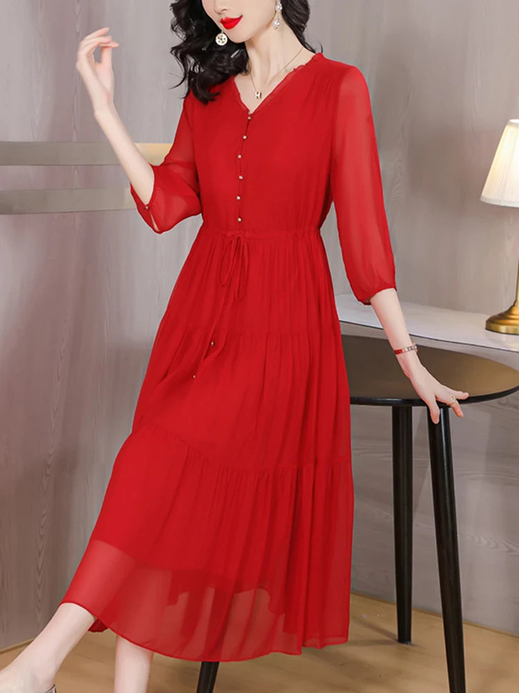 Summer New Silk Red Vintage Loose Midi Women Elegant Bodycon Evening Dress Bandage Casual Holiday Party Pretty Dress XQ295