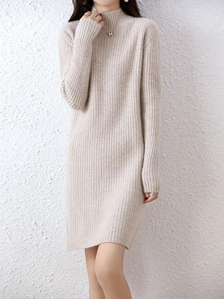 Fashion Cashmere Sweater Womens Knitted Dresses 100% Merino Wool Turtleneck Elegant Dress Autumn Winter Long Sleeve Short Skirts