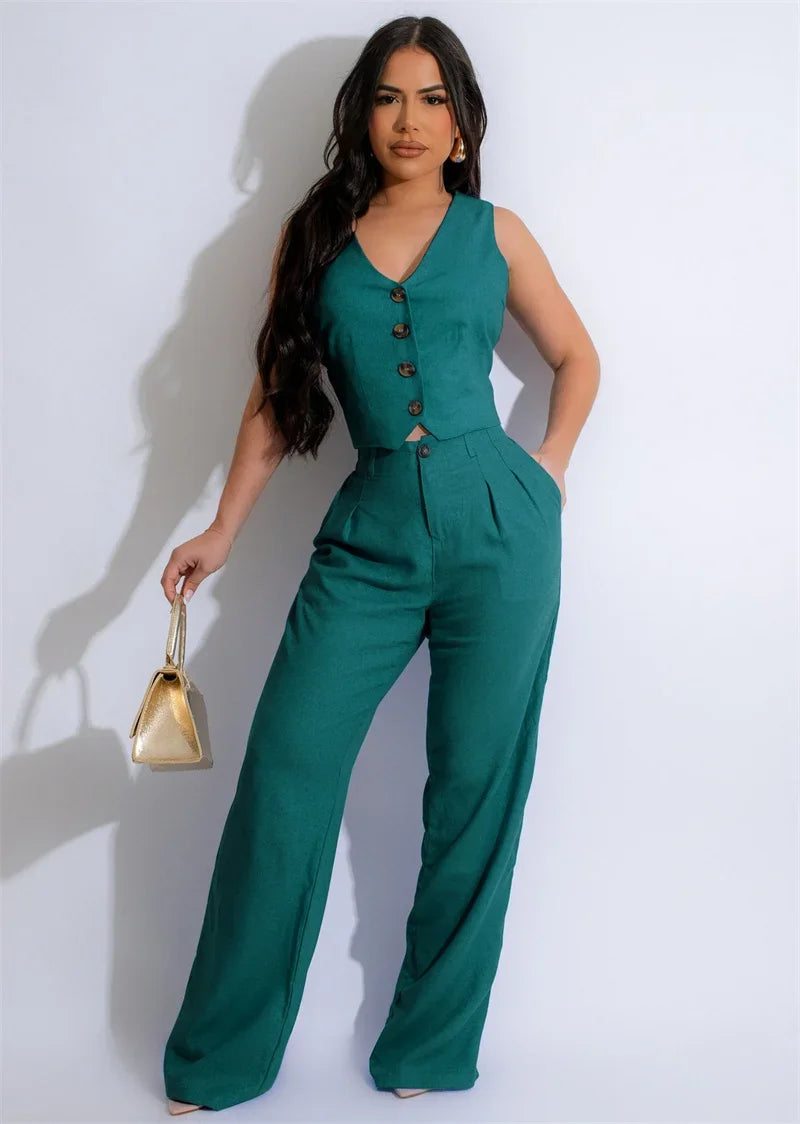 Fashion Elegant Two Piece Set for Women Workwear Office Lady Sleeveless Vest Single-breasted Top + Wide Leg Pants Business Suit