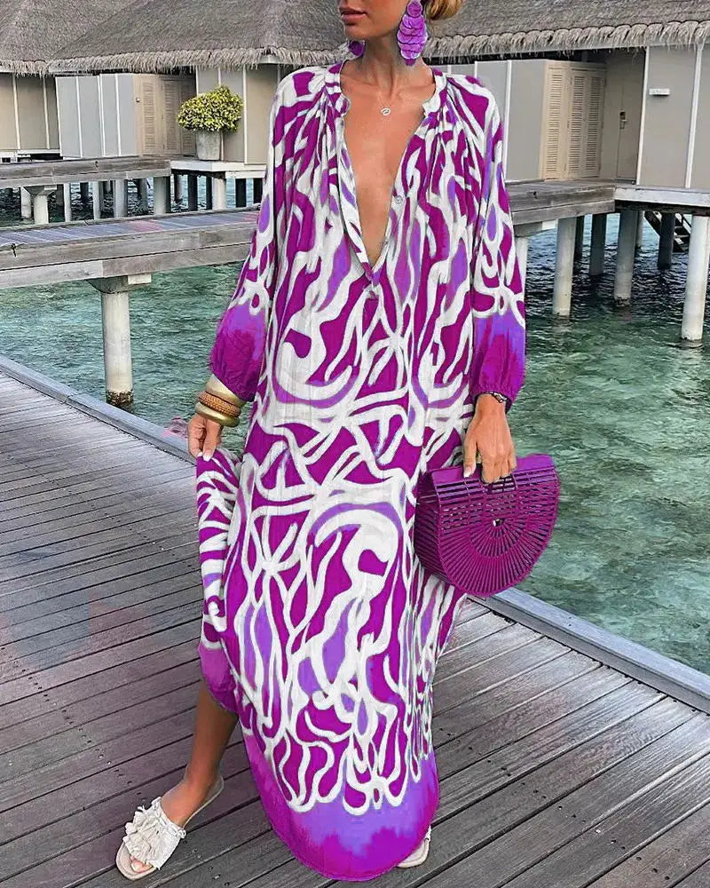 Autumn Women's Print Casual Dress New Fashion V-neck Long Sleeve Loose Holiday Party Long Dresses For Women Robe Femme 2024