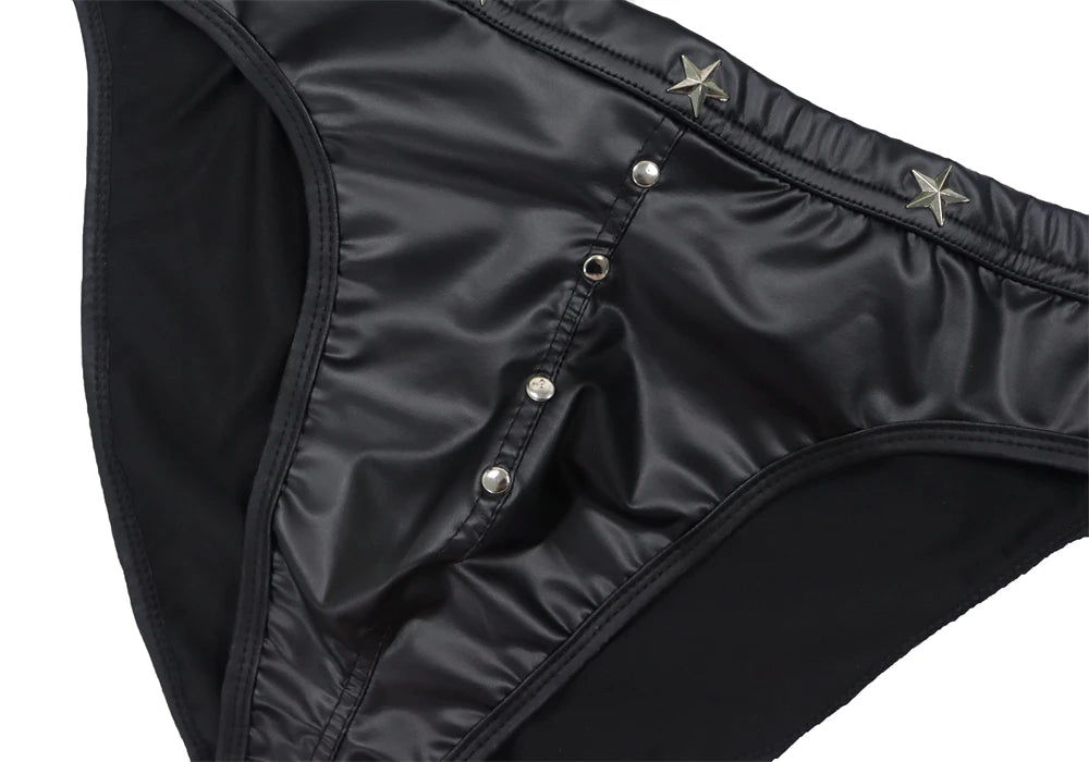 Men's Black Faux Leather Tank Tops With Low Rise Briefs Sexy Side Lace-up Button Nightclub Dance Costumes Mini Vest T-shirts Set