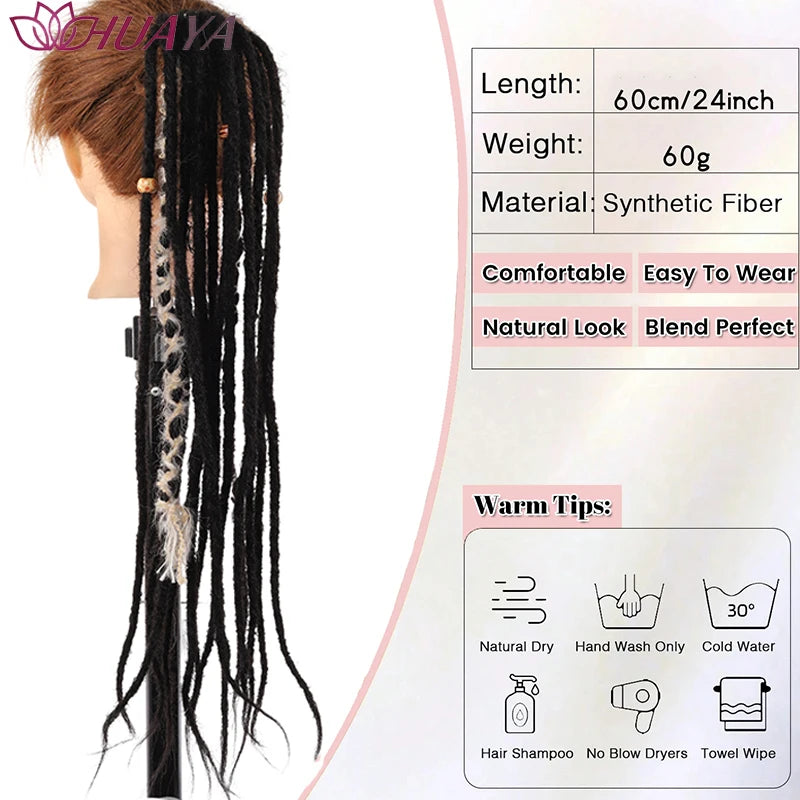 24 Inch Dreadlocks Ponytail Hair Extensions Synthetic Fibers Boho Braided Hairpieces With Beads Festival Cosplay Easy Wear