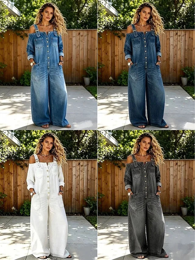 Sexy Off Shoulder Denim Overall Jumpsuit Pockets Wide Leg Playsuit