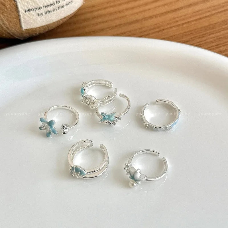 Sweet Blue Starfish Shell Rings for Women Girls Fashion Imitation Pearl Open Rings Summer Ocean Vacation Jewelry Accessories