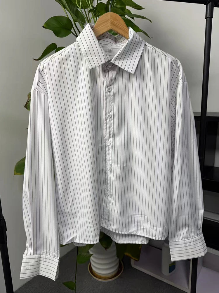 Trendy Long Sleeve Crop Shirts For Men's Spring Autumn Outdoor Casual Striped Printing Shirt Men Clothes Vintage Lapel Cardigan