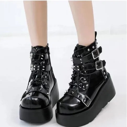 New Gothic Style Platform Vampire Cosplay Women Mid-calf Boots 2026 Winter Wedges Comfy Women Motorcycle Boots Shoes