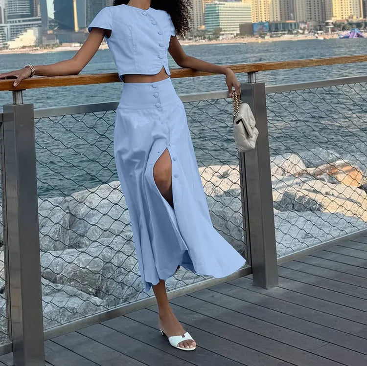 Two Pieces Women Dress Sets Solid Matching Sets Button Short Sleeves Top Empire Waist Ankle Length Skirt Loose Fit 2026 Summer