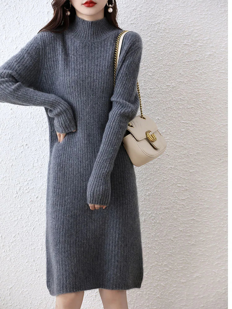 Fashion Cashmere Sweater Womens Knitted Dresses 100% Merino Wool Turtleneck Elegant Dress Autumn Winter Long Sleeve Short Skirts