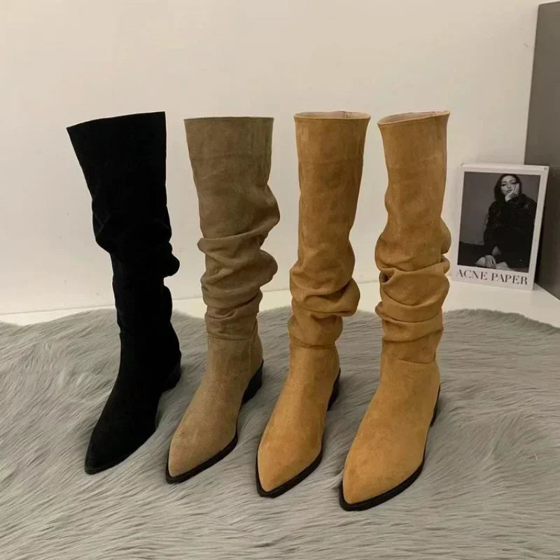 Women Knee High Boots Autumn Winter Female Shoes Fashion Female Slip-on Folds Low Heel Round Toe Flat Long Boots