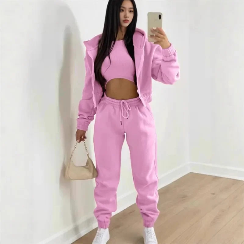 Women's 3 Piece Sets Suit Casual Long Sleeve Zip Hoodies Tank High Waist Sweatpants Jogger Pant Suits Sporty Three Pieces Outfit