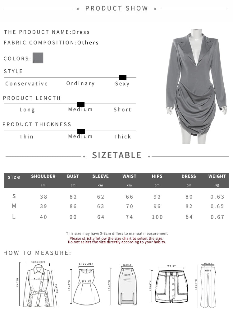 Sisterlinda Classic Ruched Dress Women Lapel Irregular Hem Full Sleeve Skinny Solid Elegant Autumn Trend Commute Office Bodycon