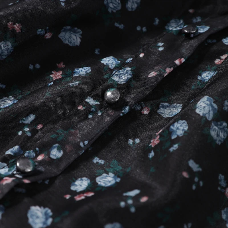 Elegant Printed Women's Dress V-neck Front Split Waist-closed Sashes Wrist Sleeve Gauze Dresses 2026 Summer Chic Female Robe