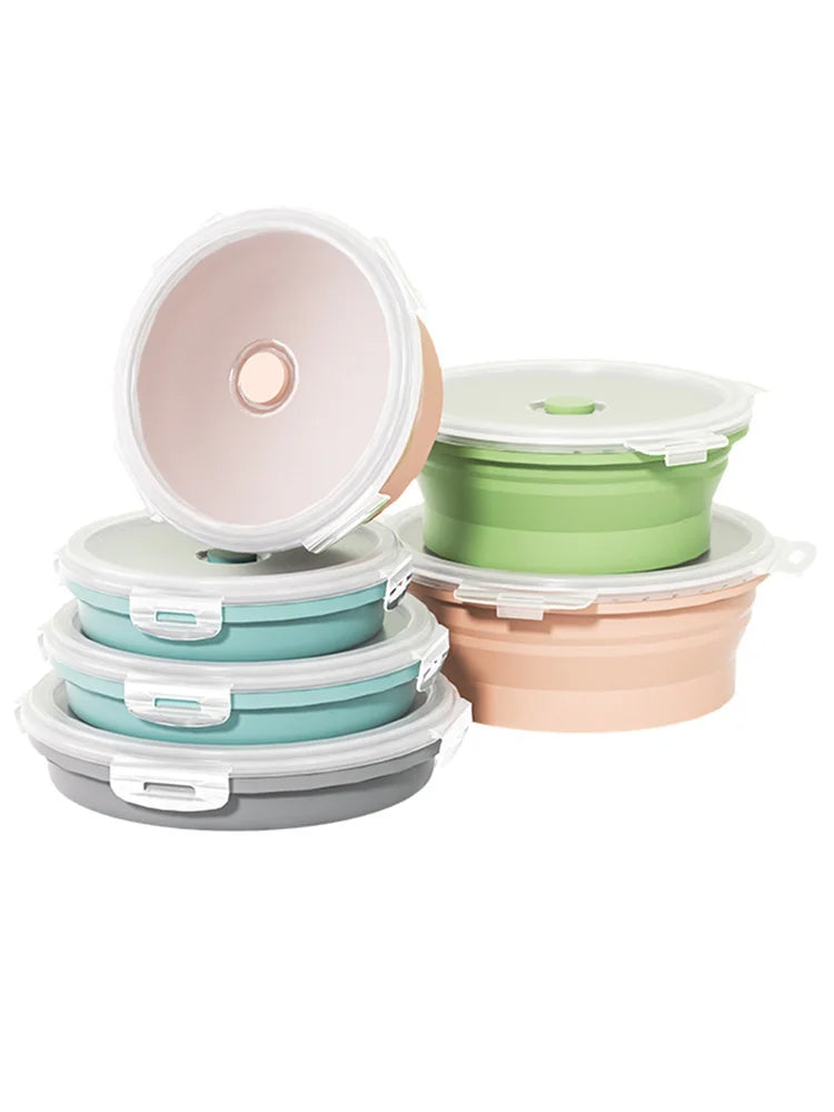 1PCS Food grade round portable foldable silicone lunch box refrigerator microwave oven lunch box storage box outdoor lunch box