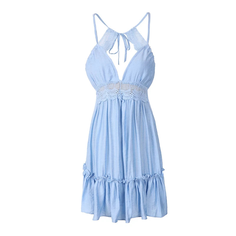 New Women Party Lace Flower Backless Mini Dress Summer Sexy Sling Spaghetti straps Deep V Neck Wedding Club Vestidos