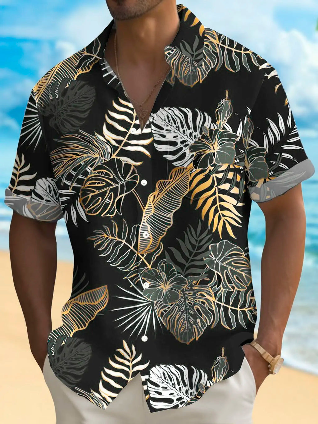 Hawaiian Plant Golden Leaves 3D Print Men's Hawaiian Shirt Outdoor Street Casual Summer Turndown Short Sleeve Polyester Shirt