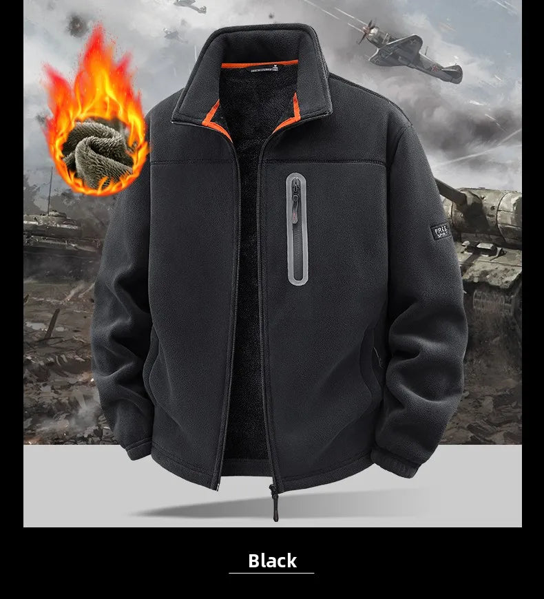 Winter Thickened Windproof Stand Collar Zipper Jacket for Men Casual Outdoor Fleece-Lined Coat Embroidered Men's Warm Jackets