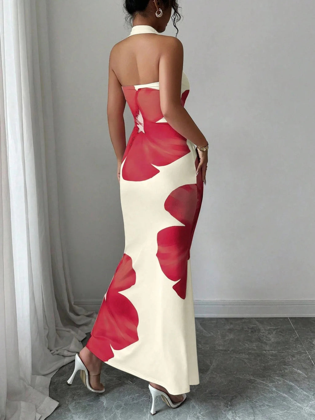 Women's 2026 New Popular Neck Halter Long Dress Hip-wrapped Printed Dress White Dress Birthday Dress for Women Summer Dress