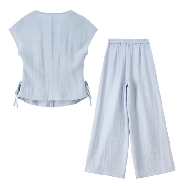SENTUBILA Women's Office Set 2026 Summer New Blue Button Shirred Drawstring Slim Top Straight Pant 2 Piece Sets 162ZK6231