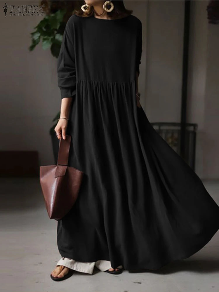 Autumn Women Sundress ZANZEA 2023 Vintage Solid Dresses Female Cotton Robe Casual Long Sleeve Pleated Maxi Vestidos Kaftan