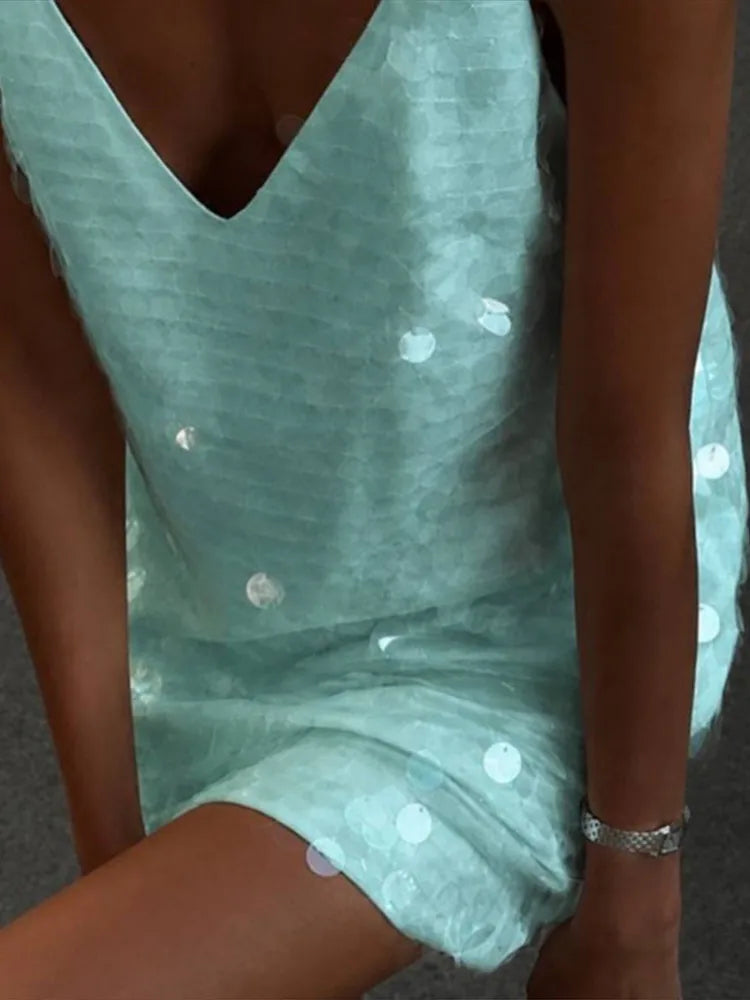 Beach Sequin Short Women Dress Loose Deep V-neck Sleeveless Backless Spaghetti Strap Sundress 2026 Summer Solid Glitter Dresses