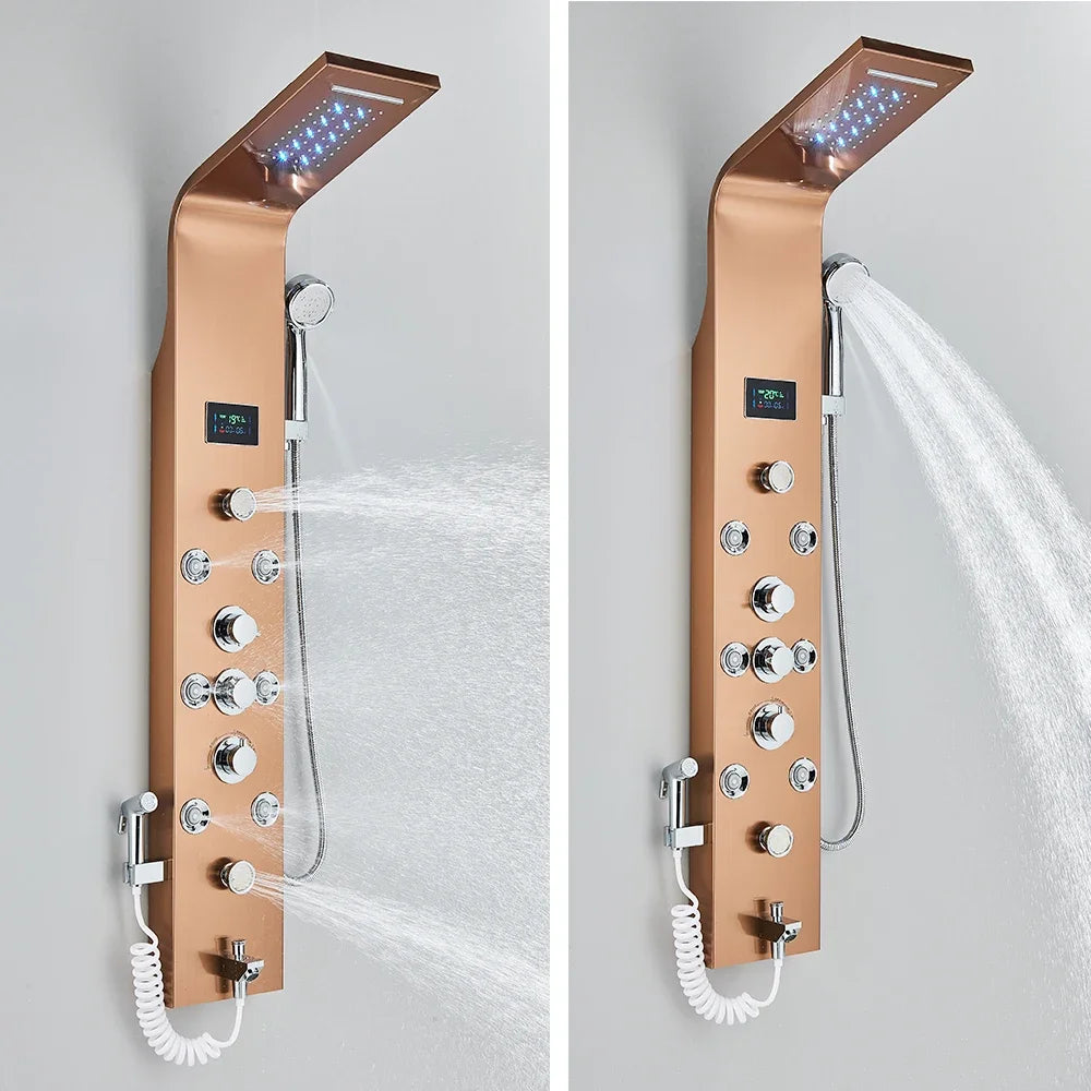 LED Light Bathroom Shower Panel Intelligent LCD Shower Column System with 6 Modes Rain Waterfall Massage Jet Bath Mixer Tap