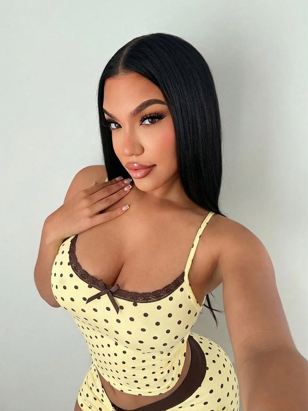 Fashion polka dot lace camisole home suit set, pure desire spicy girl style pajamas two-piece set, short