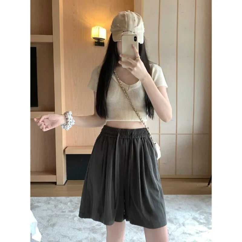 Summer New Solid Women’s Shorts Casual Drawstring Design Wide Leg Pants Women Korean Streetwear Shorts Trousers Oversized 2026