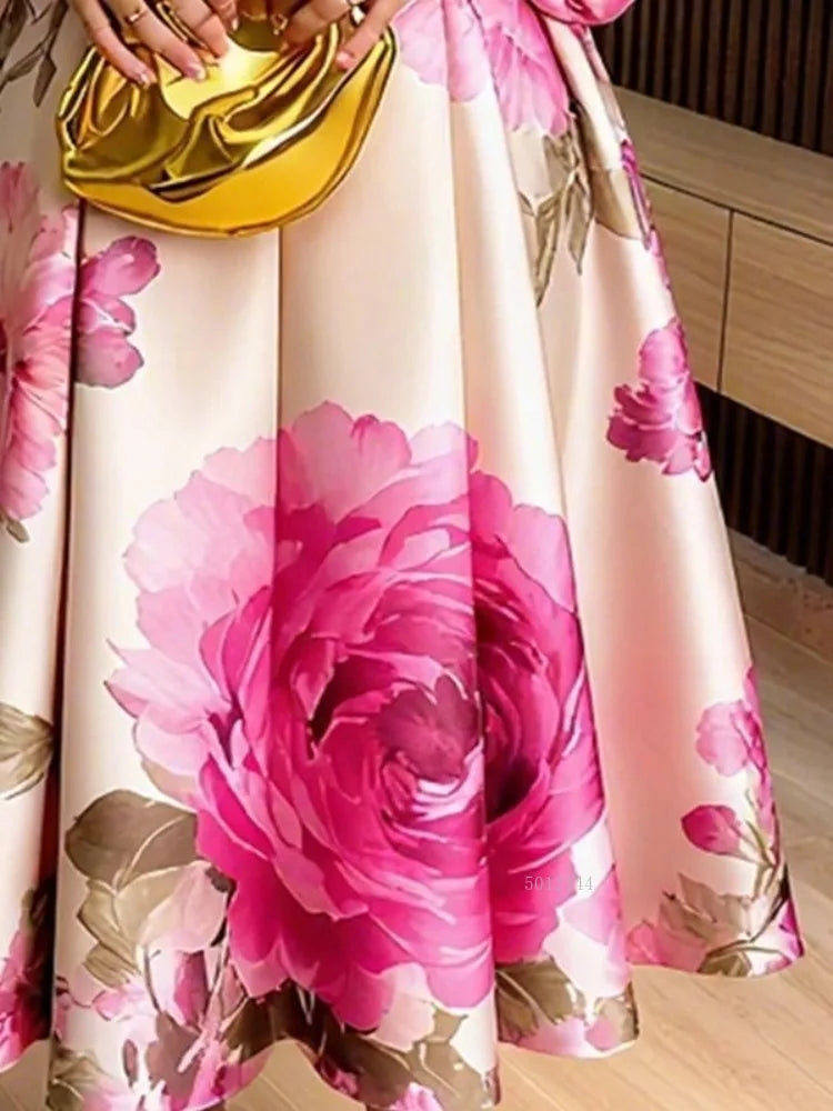 Stylish Women's Flower Printed Stand Collar Elegant Evening Maxi Dresses 2026 New Puff Sleeves Loose Pleated Party A-Line Dress