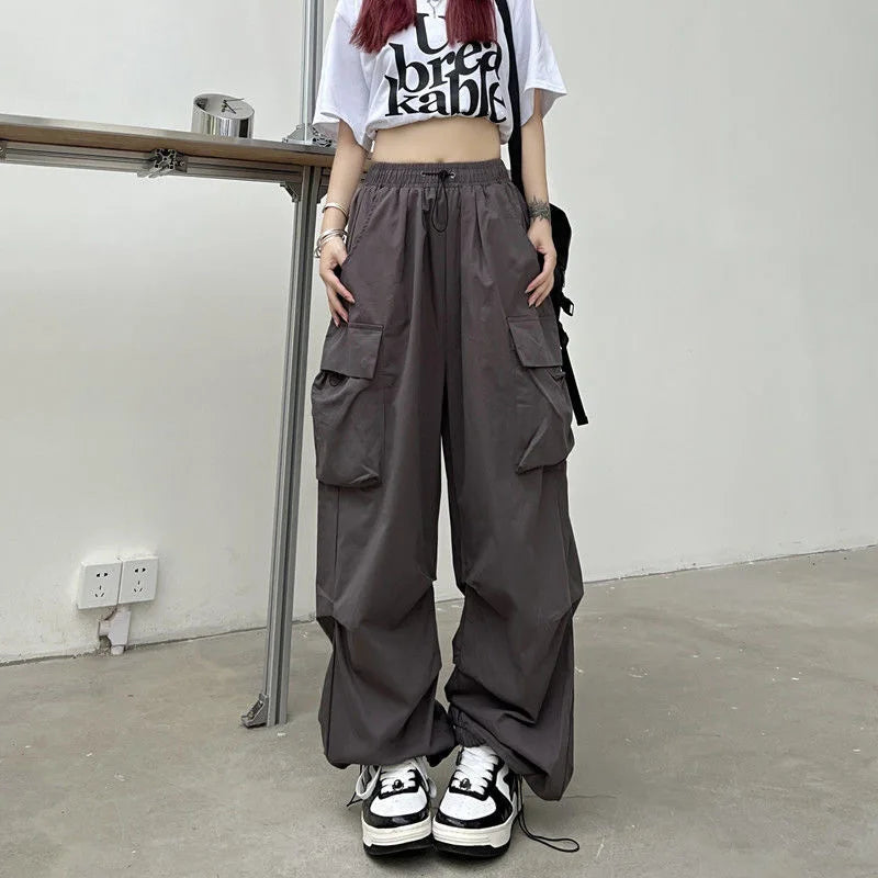 Women Streetwear Cargo Pants Elastic Waist Multi Pocket Loose Wide Leg Vintage Drawstring Casual Trousers