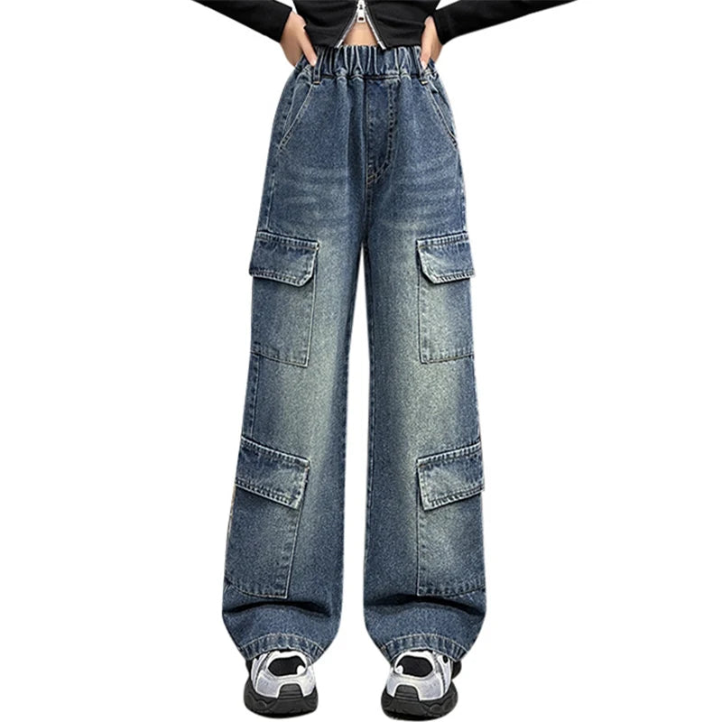 Kids Design Luxury Straight Leg Cargo Jeans with Multi Pocket for Teens Girl Cool Denim Pants Tweens Child Casual Jeans Trousers