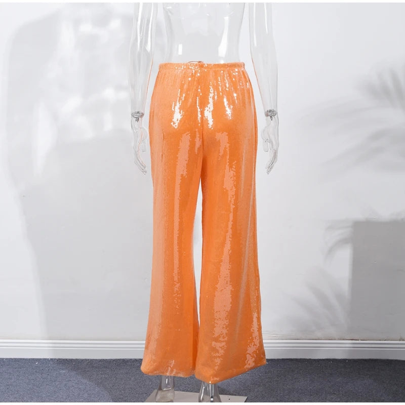 Street Sequin Loose Lace Up Pants Women Elastic Waist Wide Leg Trousers Female 2026 Spring Summer Lady Shiny Party Club Clothes