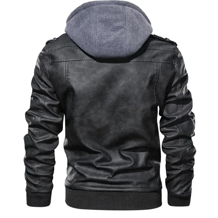 New Men's Hooded Leather Jackets Autumn Winter Casual Zipper Motorcycle PU Jacket Biker Leather Coat Hat Detachable Punk Outwear