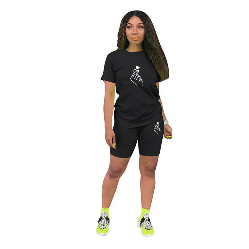 Women Solid Sporting Casual Two Piece Set Short Sleeve Tee Top Biker Retro Shorts Printed Pants Girl Tracksuit Gothic Outfits