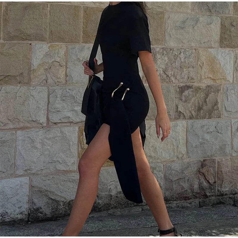 Elegant Mini Dress Woman Ribbons Slim O-neck Short Sleeve Above Knee Dresses Female Spring Summer Party Robe Lady High Street