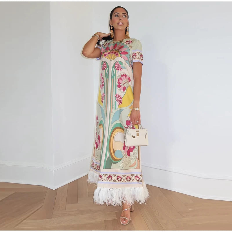 Printed Women's Dress Half Sleeve Round Neck Long Dress Tassel Hem Dress Daily Fashion Outfit Suitable for Date Party 2026