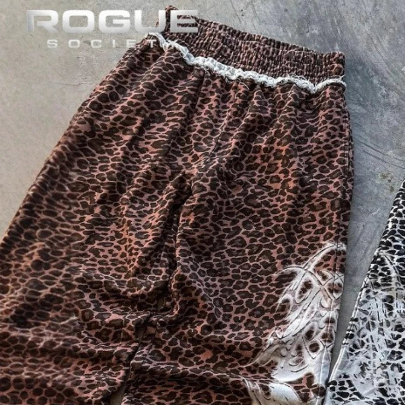 Summer Y2K Streetwear Leopard Print Wide Leg Pants Men Gothic Tribal Pattern Waist Casual High Stree Harajuku Hip Hop Trousers