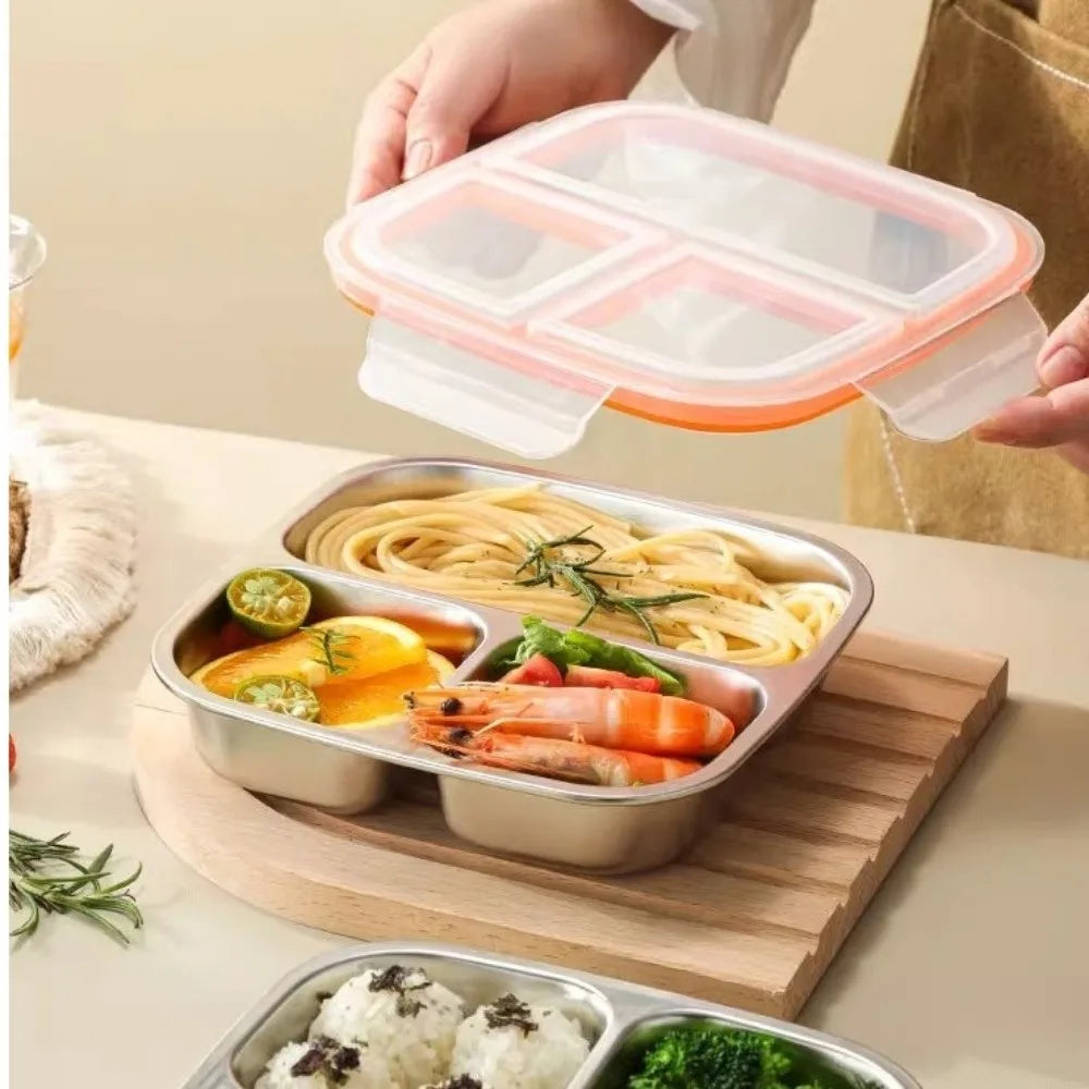 3/ 4 Grids Stainless Steel Lunch Box Reusable Sealed Food Container Leak Proof 600ml Capacity Student Meal Plate Microwave Oven