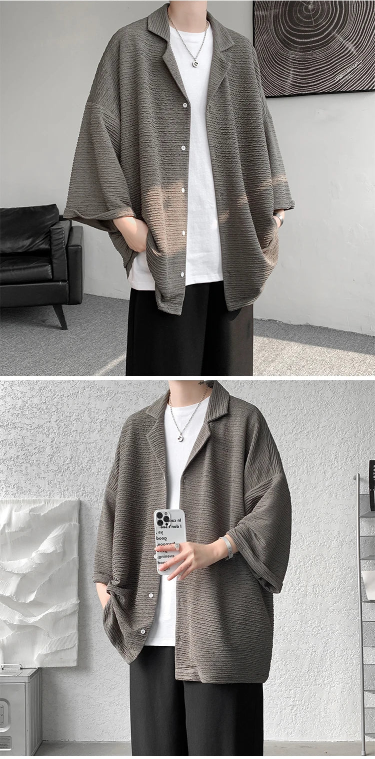 Ice Silk Shirt Men's High Quality Summer Fashion Brand ins 5-sleeve shirt loose casual masculina camisas hombre