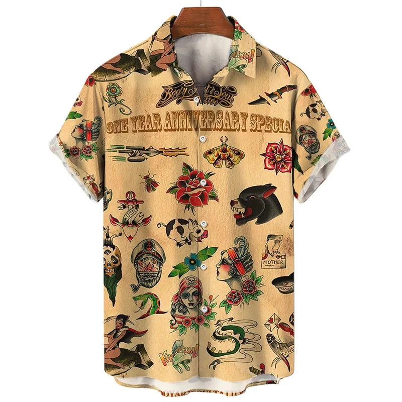 3D retro digital printed men's lapel short sleeved shirt