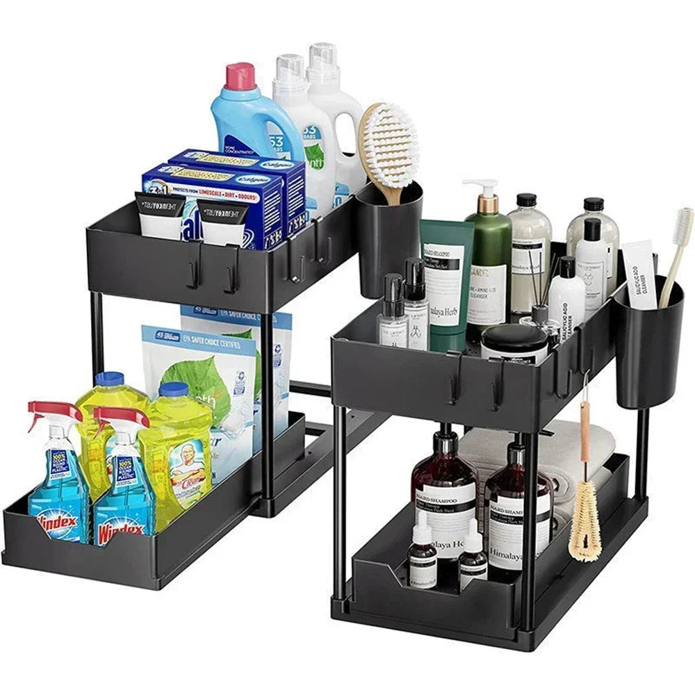2-Tier Under Sink Organizers and Storage, Sliding L-shape Under Bathroom Kitchen Cabinet Organizers Narrow Space Sink Organizer