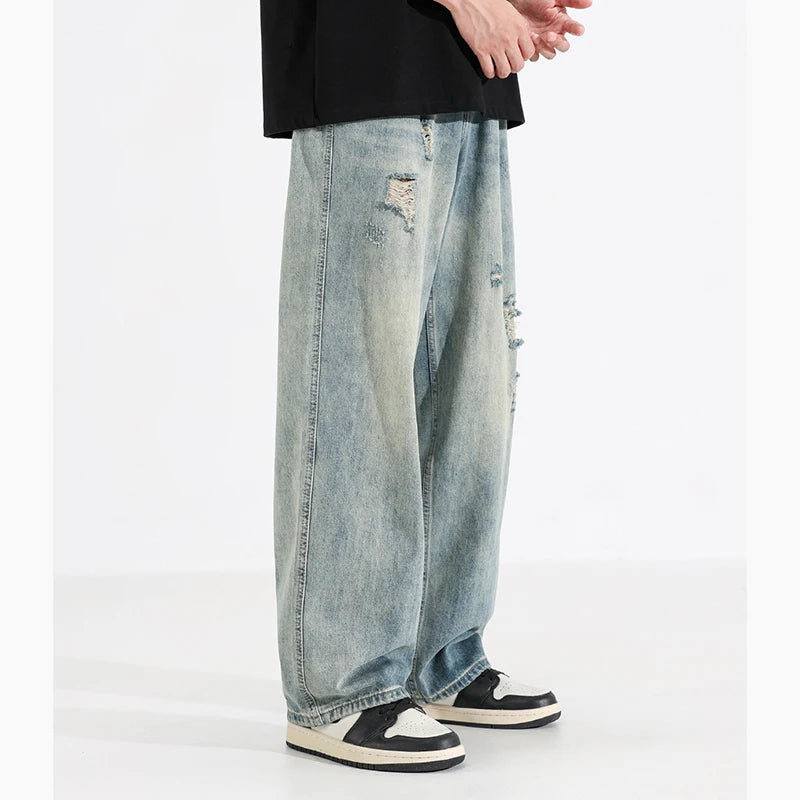 New Fashion Men Ripped Loose Straight Leg Jeans Male American Style Vintage Trend Streetwear Denim Pants Daily Casual Trousers