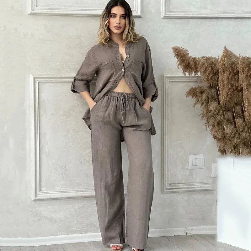 Women Two Piece Sets Spring Autumn Casual Long Sleeve Pocket Shirts 2 Piece Set Fashion Loose Wide Leg Pants OL Work Suit Outfit