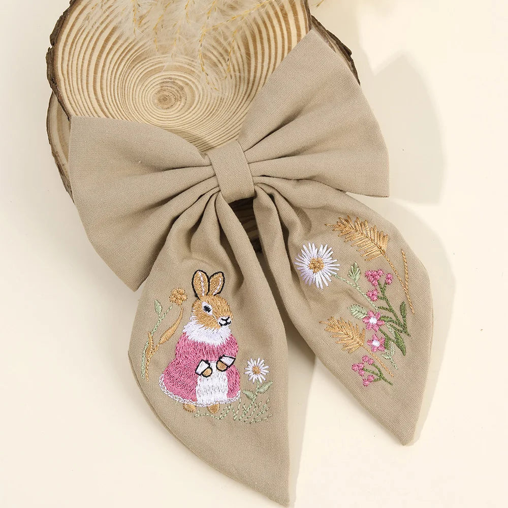 Rabbit Embroidery White Bow Hair Clip Sweet Girls Bunny Bowknot Hairpin Handmade Fabric Kids Cute Headdress Headwear Accessories