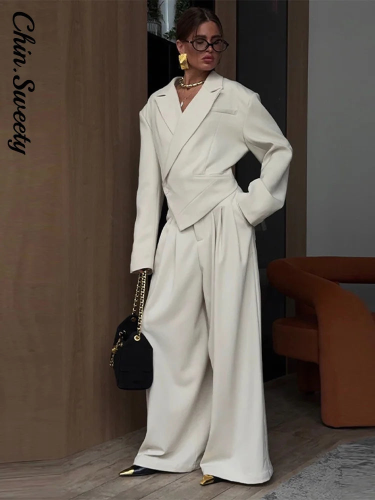 Elegant Irregular Women's Blazer Trouser Suits Single Button Lapel Full Sleeve Wide Leg Pants Lady Set 2026 2 Pieces Set Women
