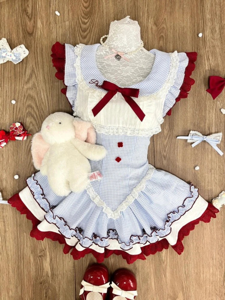 Japanese Sweet Plaid Lace Patchwork Dress Women New Design Slim Lovely Blue Summer Dresses Harajuku Kawaii Fashion Outfit 2025