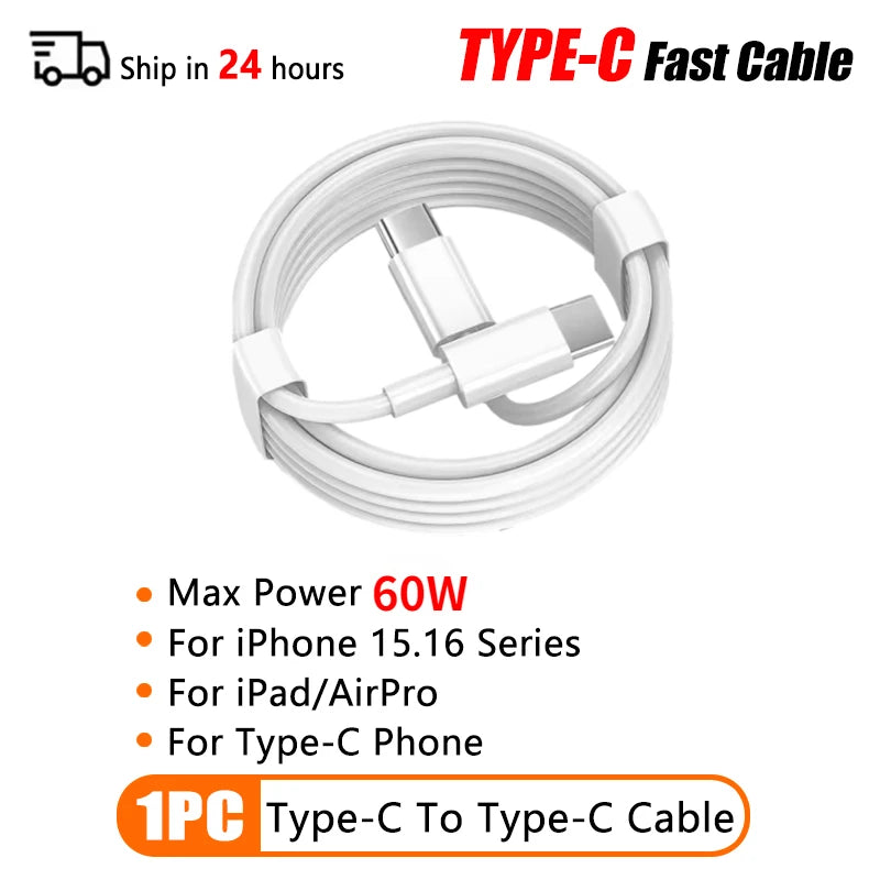 PD 60W USB C to Type C Fast Charging Cable for  iPhone 11 13 14 15 16 Pro Max 12 Mini 6 7 8 Plus XS XR iPad USB A MFi Certified