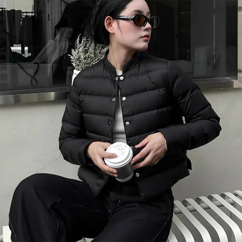 Lightweight Down Cotton Jacket Women Autumn Winter Fashion Stand Collar Warm Short Parkas Vintage Versatile Cotton-Padded Coat
