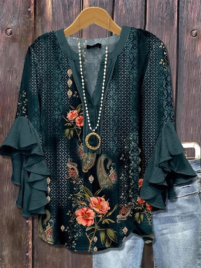 Women's Floral Print Ruffle Sleeve Blouse Casual Loose Fit Soft Comfortable Shirt Top for Daily Office Wear