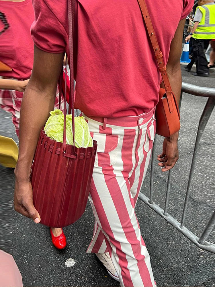 Striped Zipper High-Waisted Trousers Slim Fit Flare Leg Double Pocket 2026 Summer Casual Women Bottom Fashion Chic Lady Pants
